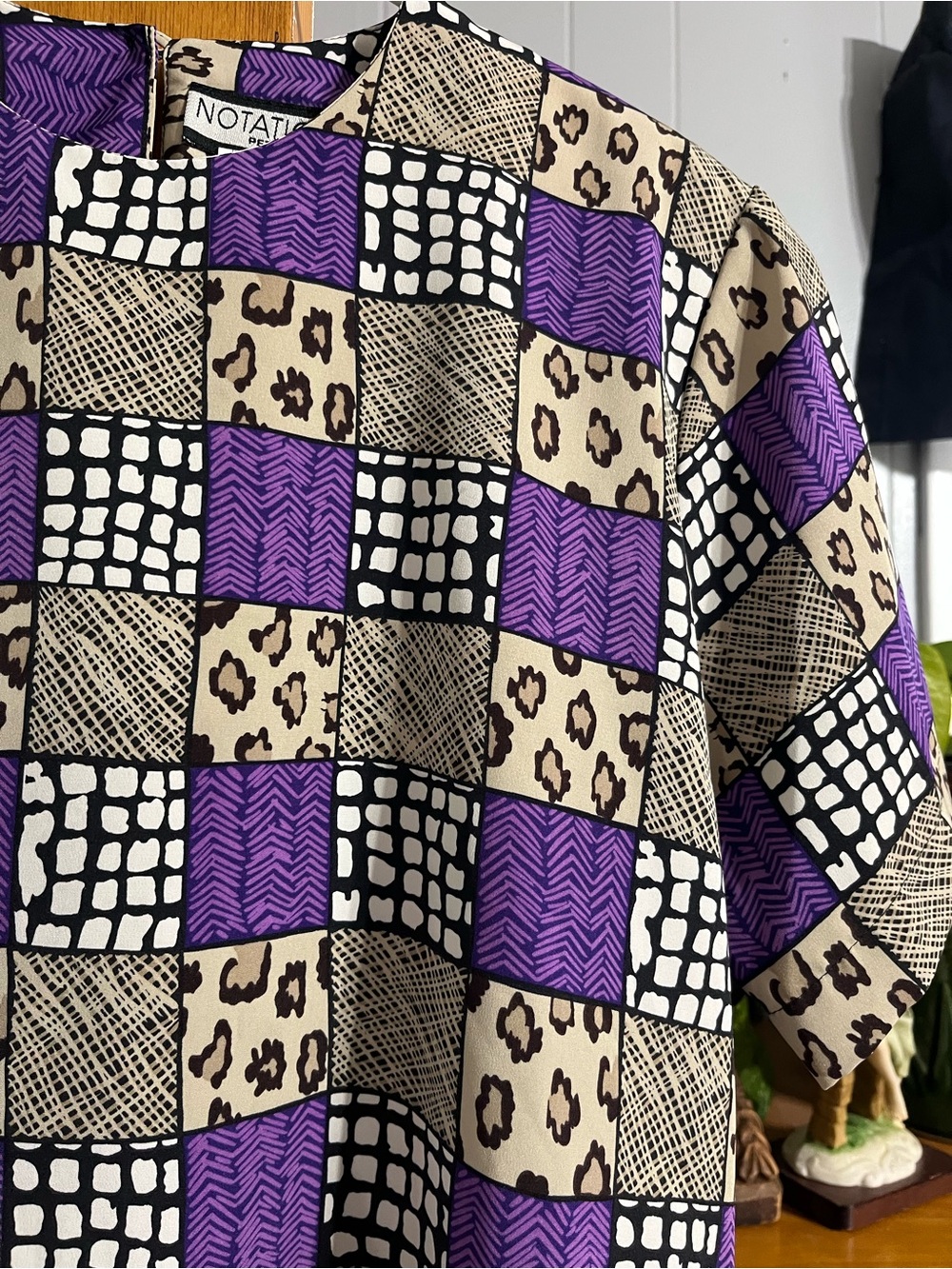 Vintage Notations Purple Leopard Snake Print Silk Short Sleeve Blouse Petite M - Picture 4 of 8
